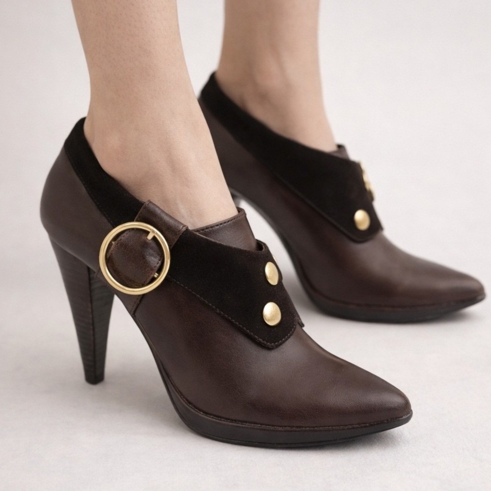 Naughty Monkey Brown Slip On Gold Buckle Ankle Bootie Heels Women's Size 7